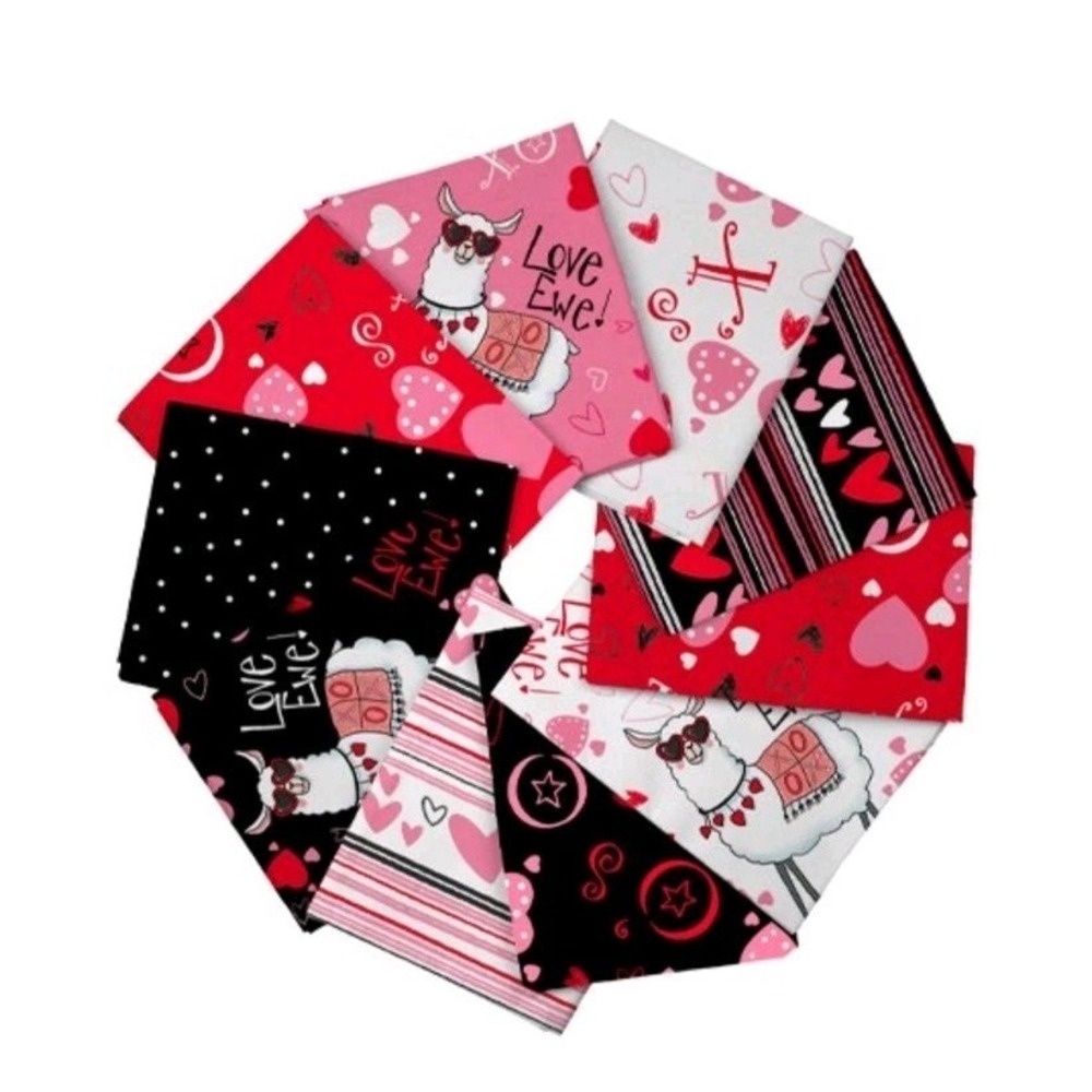 QT Fabrics 10Pcs Love Ewe Llama Valentine's Day Cotton Fabric Fat Quarter Bundle